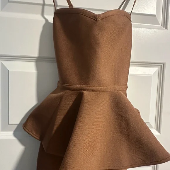 bebe Strapless Brown Peplum Dress - Picture 4 of 8